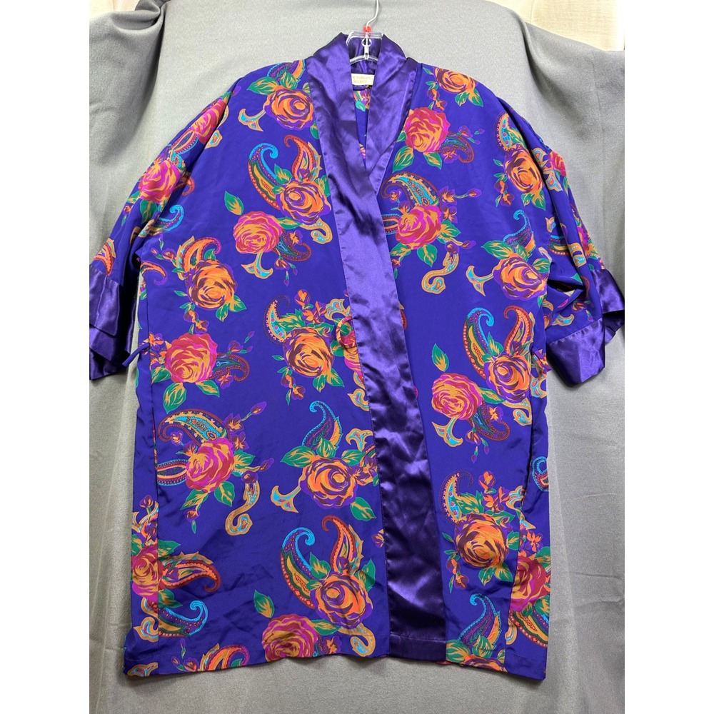 Vintage Victorias Secret Gold Label Purple Floral Paisley Satin Kimono Robe OSFA